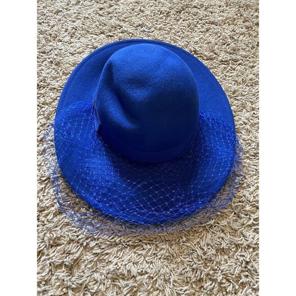 Vintage Lancaster Hat Womens Fedora Blue 100% Wool Netting Bow USA Church - Picture 4 of 10